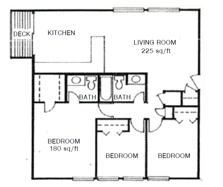 Floor plan for 3 beds, 1.5 baths, 960 sqft
